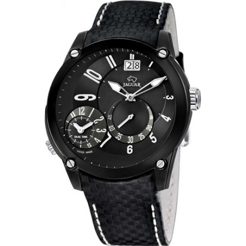 JAGUAR Dual Time Black Leather Strap J632/D
