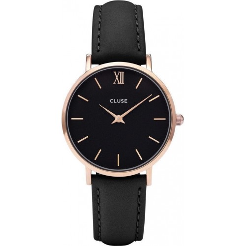 CLUSE Minuit Rose Gold Black Leather Strap CL30022