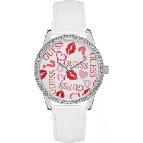 GUESS Crystals White Leather Strap W1206L1