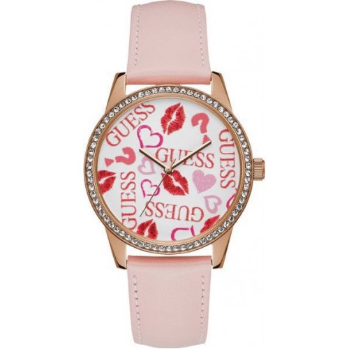 GUESS Crystals Rose Gold Pink Leather Strap W1206L3