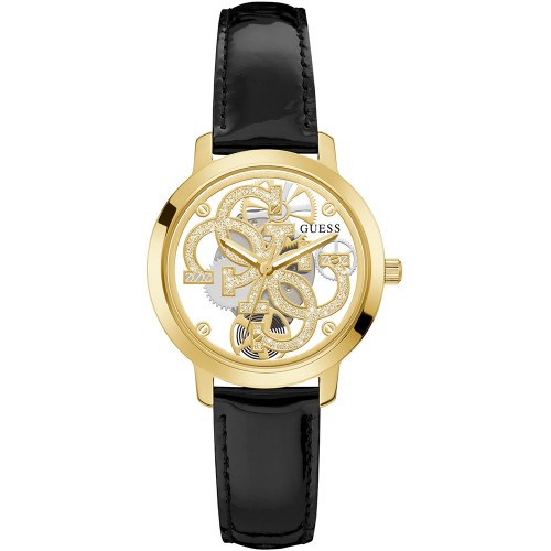 GUESS Quattro Clear Crystals Black Leather Strap GW0383L1