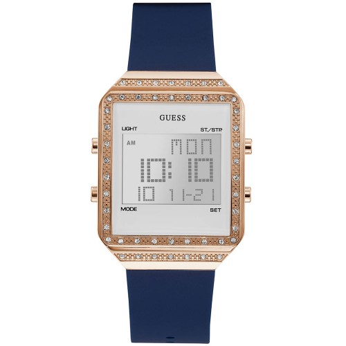 GUESS Digital Crylstals Rose Gold Blue Rubber Strap W1224L3